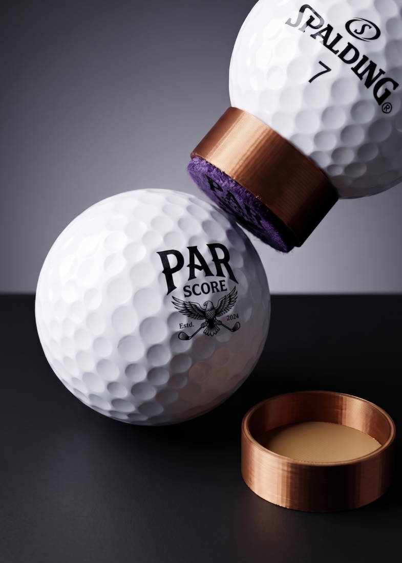 Golf ball stamped with a custom symbol or crest mark