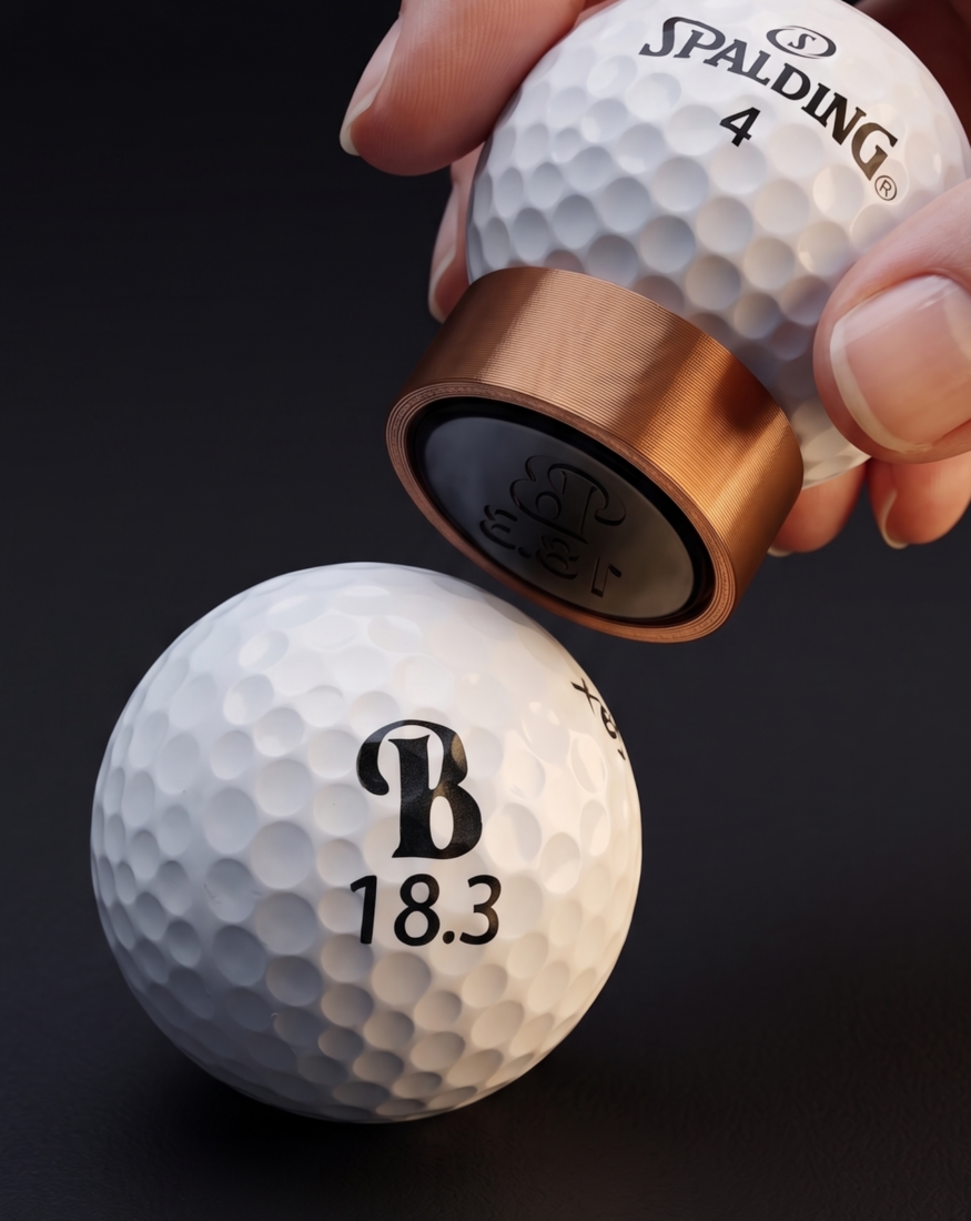 Hand holding the Dimple¹ stamp with the inked foam pad exposed, beside a golf ball freshly stamped with a mark