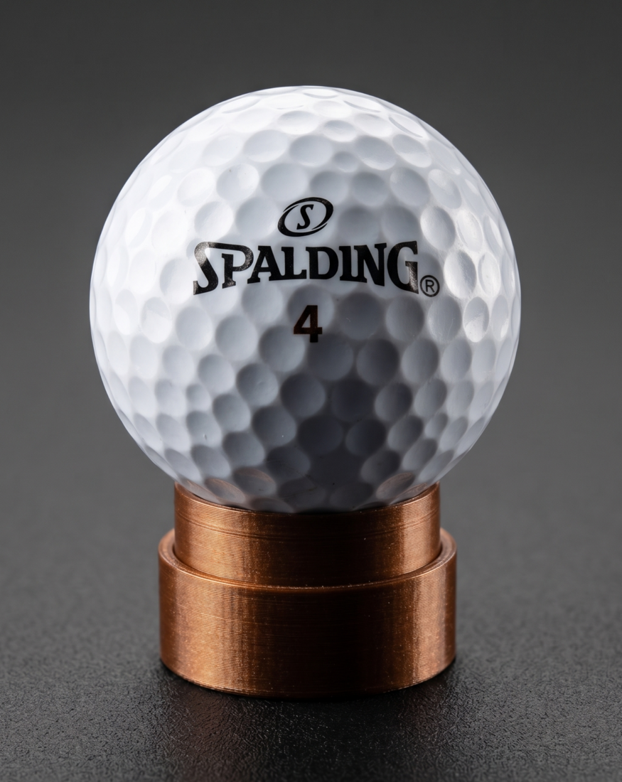 Dimple¹ stamp — a reclaimed golf ball handle on a precision copper PLA base