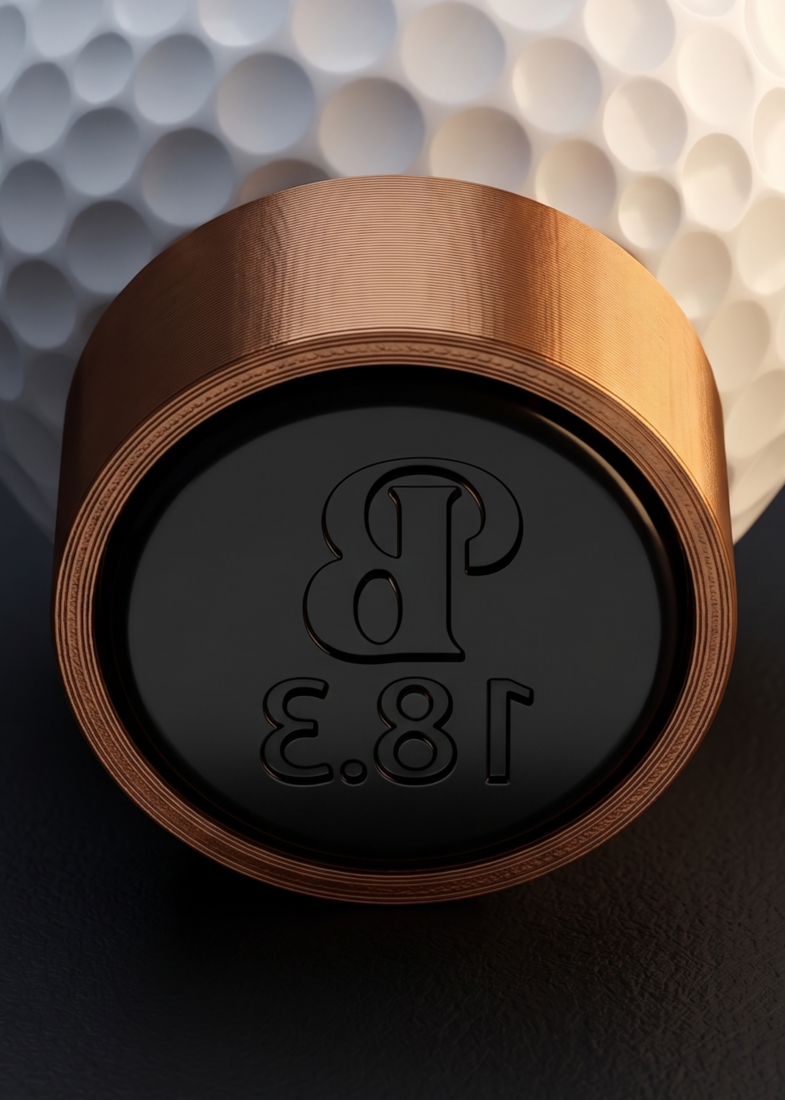 Macro detail of the Dimple¹ stamp's engineered contact face, showing the precision die shape that gives every mark its sharp edge